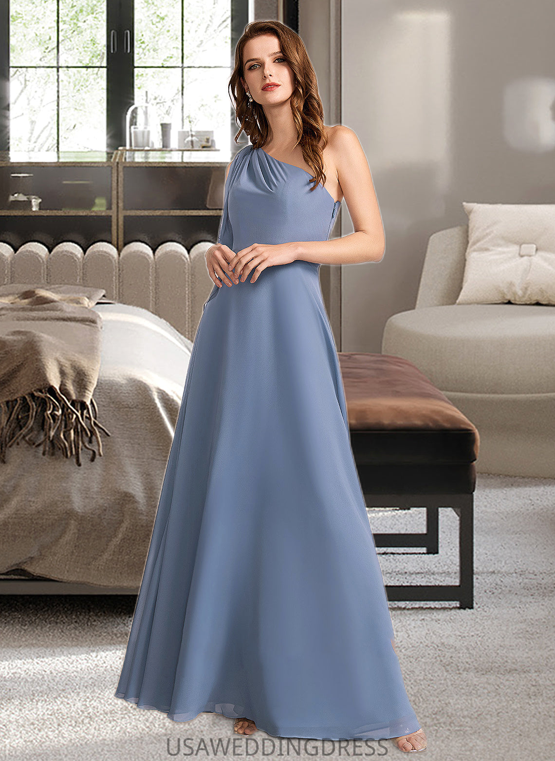 Ella A-Line One-Shoulder Floor-Length Bridesmaid Dress With Bow(s) DSP0012985