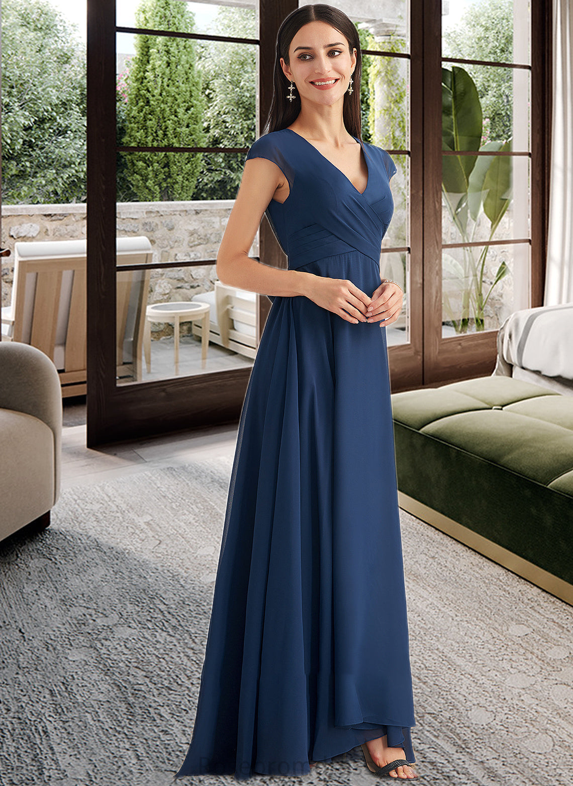 Jazmyn A-Line V-neck Floor-Length Bridesmaid Dress With Ruffle SRSP0012986