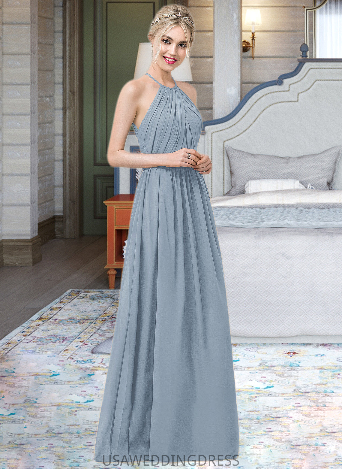 Iyana A-Line Scoop Neck Floor-Length Chiffon Bridesmaid Dress With Ruffle DSP0012989