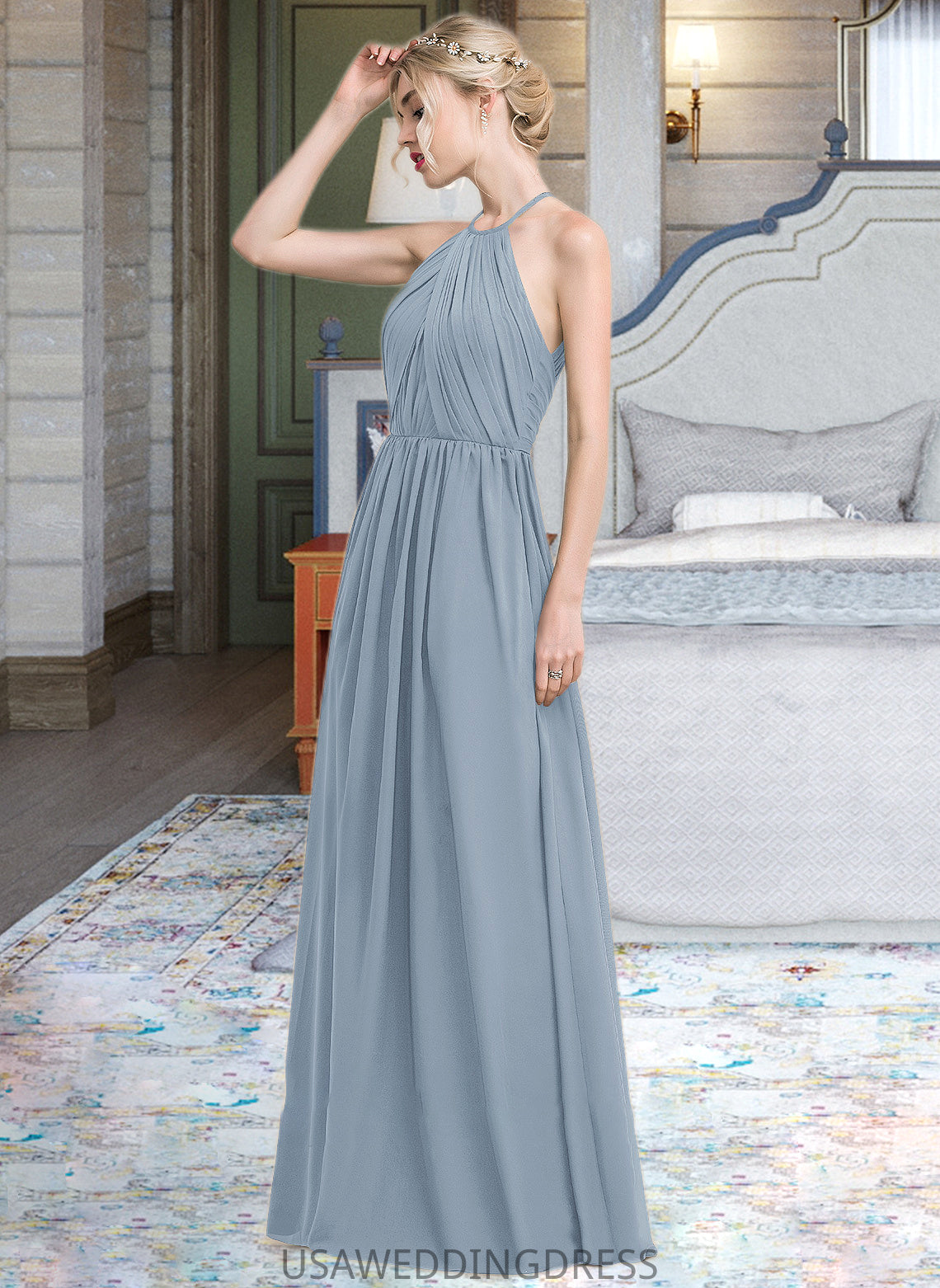 Iyana A-Line Scoop Neck Floor-Length Chiffon Bridesmaid Dress With Ruffle DSP0012989