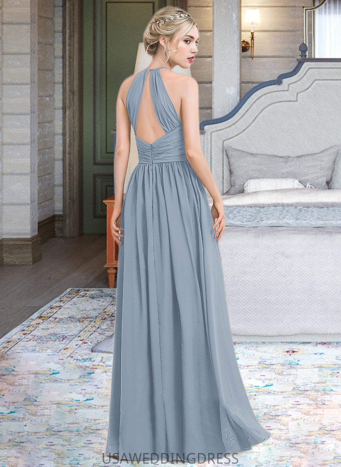 Iyana A-Line Scoop Neck Floor-Length Chiffon Bridesmaid Dress With Ruffle DSP0012989