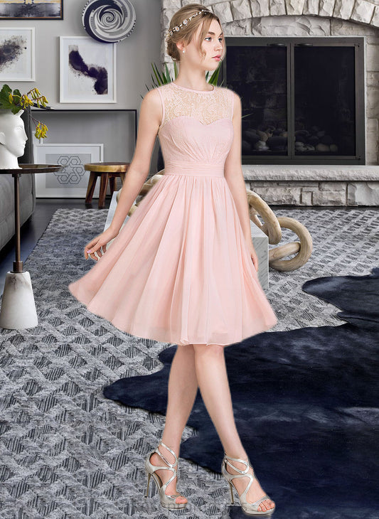 Deanna A-Line Scoop Neck Knee-Length Chiffon Lace Bridesmaid Dress With Ruffle SRSP0012990