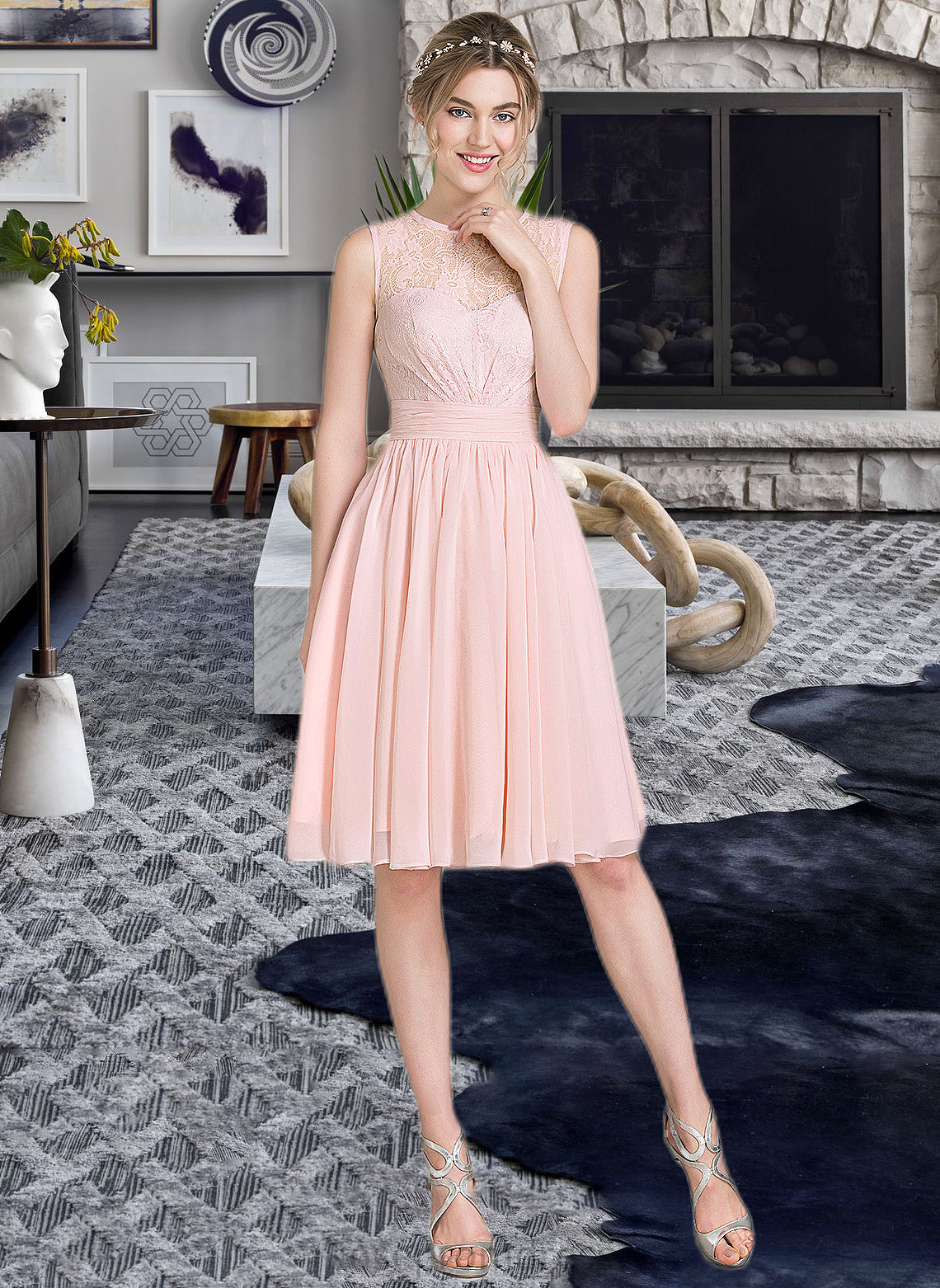 Deanna A-Line Scoop Neck Knee-Length Chiffon Lace Bridesmaid Dress With Ruffle SRSP0012990