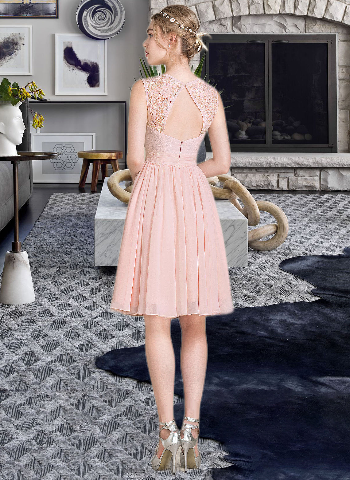 Deanna A-Line Scoop Neck Knee-Length Chiffon Lace Bridesmaid Dress With Ruffle SRSP0012990