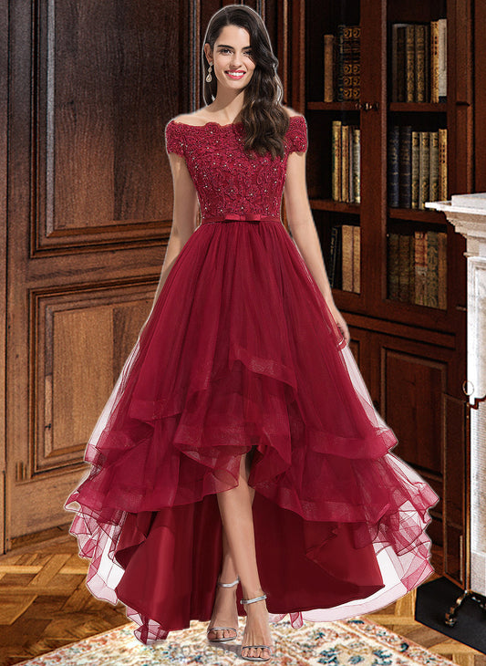 Bailey Ball-Gown/Princess Off-the-Shoulder Asymmetrical Tulle Bridesmaid Dress With Beading Sequins Bow(s) SRSP0012991