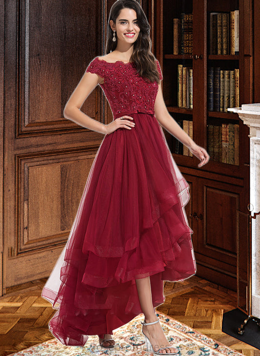 Bailey Ball-Gown/Princess Off-the-Shoulder Asymmetrical Tulle Bridesmaid Dress With Beading Sequins Bow(s) SRSP0012991
