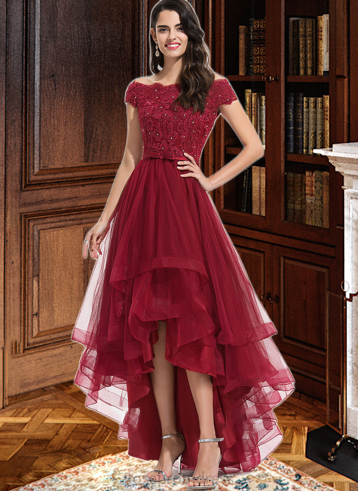 Bailey Ball-Gown/Princess Off-the-Shoulder Asymmetrical Tulle Bridesmaid Dress With Beading Sequins Bow(s) SRSP0012991
