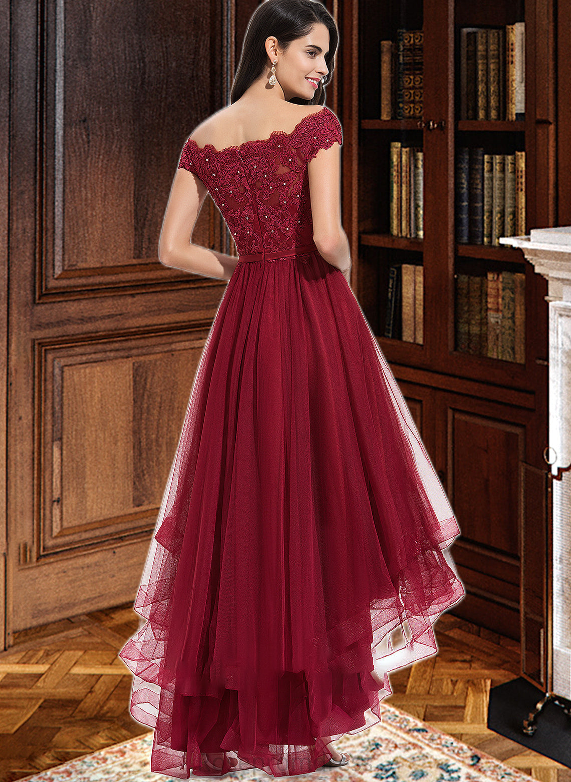 Bailey Ball-Gown/Princess Off-the-Shoulder Asymmetrical Tulle Bridesmaid Dress With Beading Sequins Bow(s) SRSP0012991