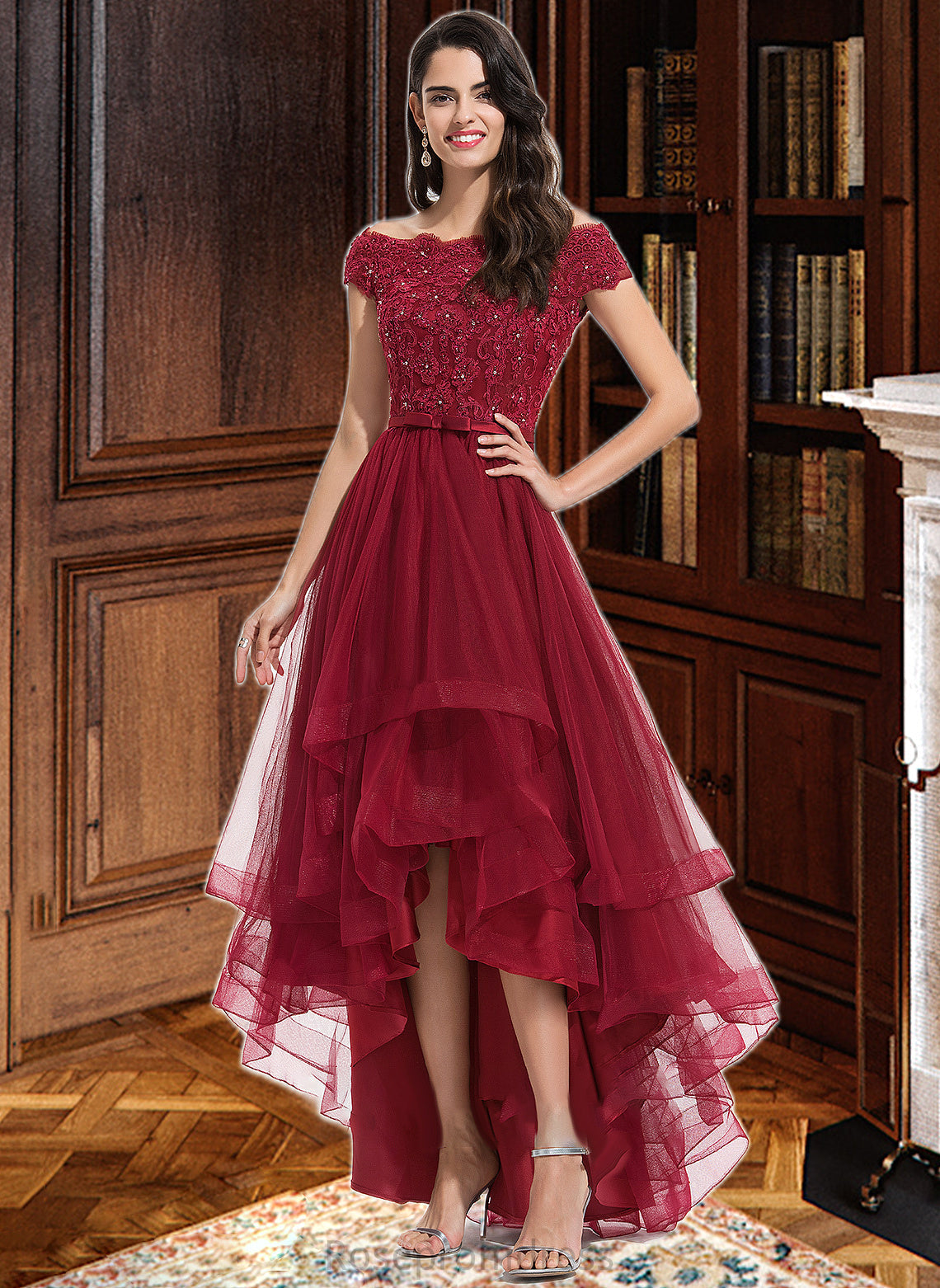 Bailey Ball-Gown/Princess Off-the-Shoulder Asymmetrical Tulle Bridesmaid Dress With Beading Sequins Bow(s) SRSP0012991