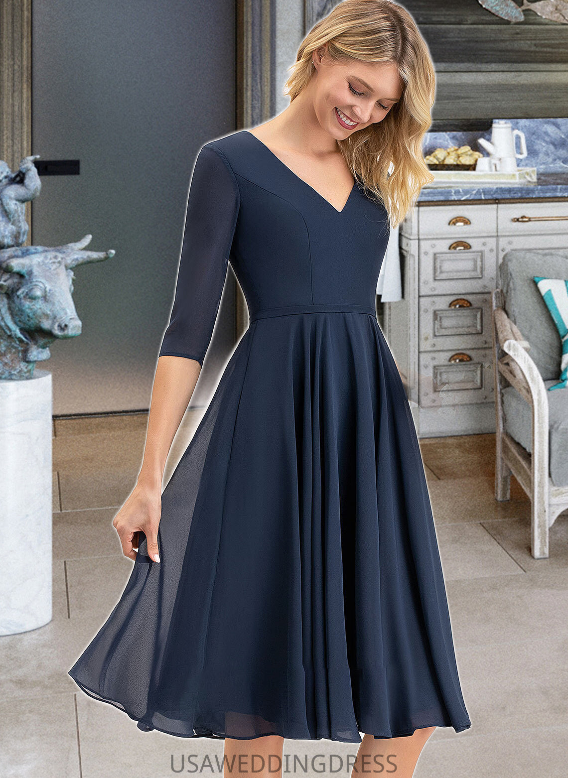 Vicky A-Line V-neck Knee-Length Chiffon Bridesmaid Dress With Pockets DSP0012994
