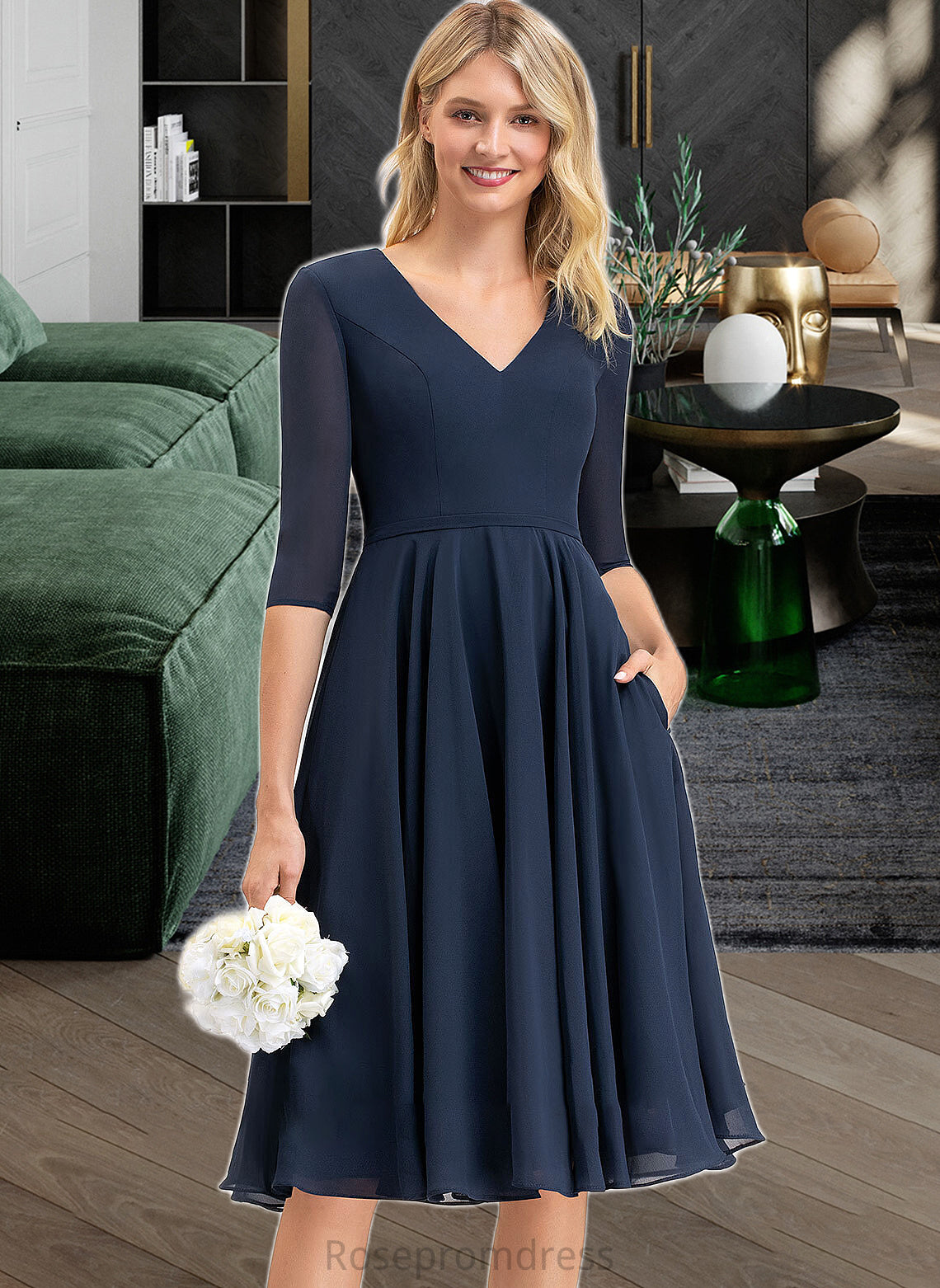 Kelsey A-Line V-neck Knee-Length Chiffon Bridesmaid Dress With Pockets SRSP0012994