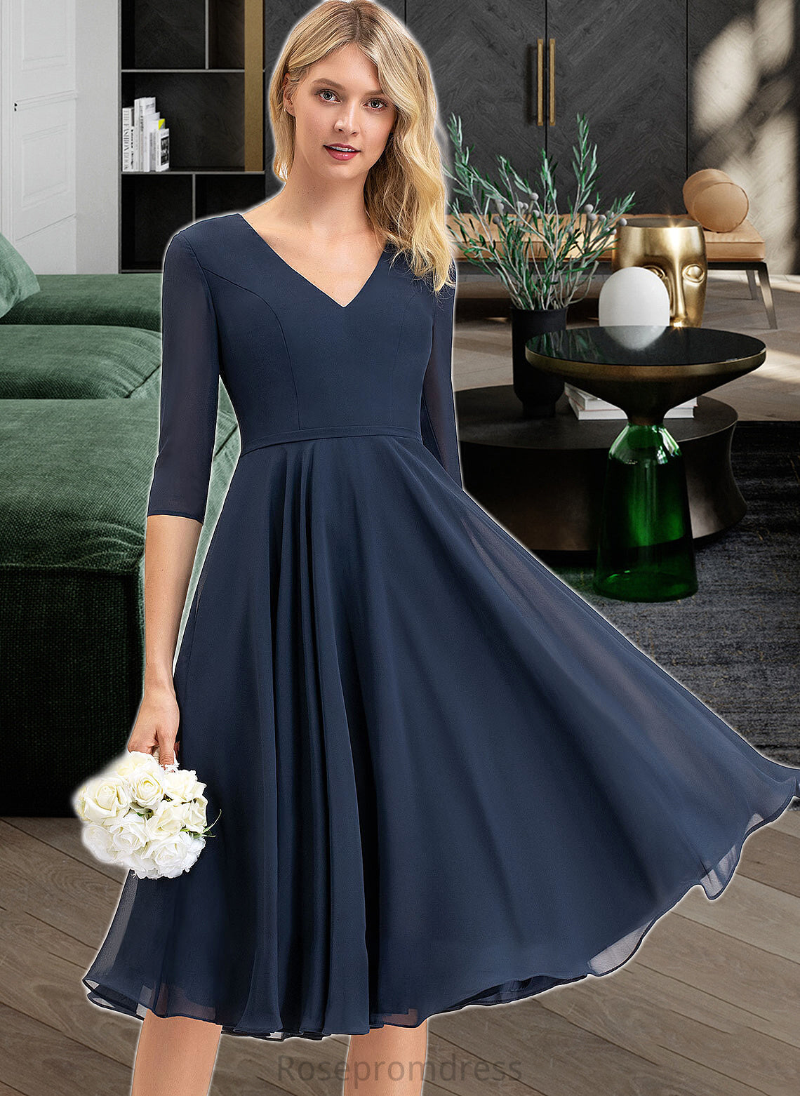 Kelsey A-Line V-neck Knee-Length Chiffon Bridesmaid Dress With Pockets SRSP0012994