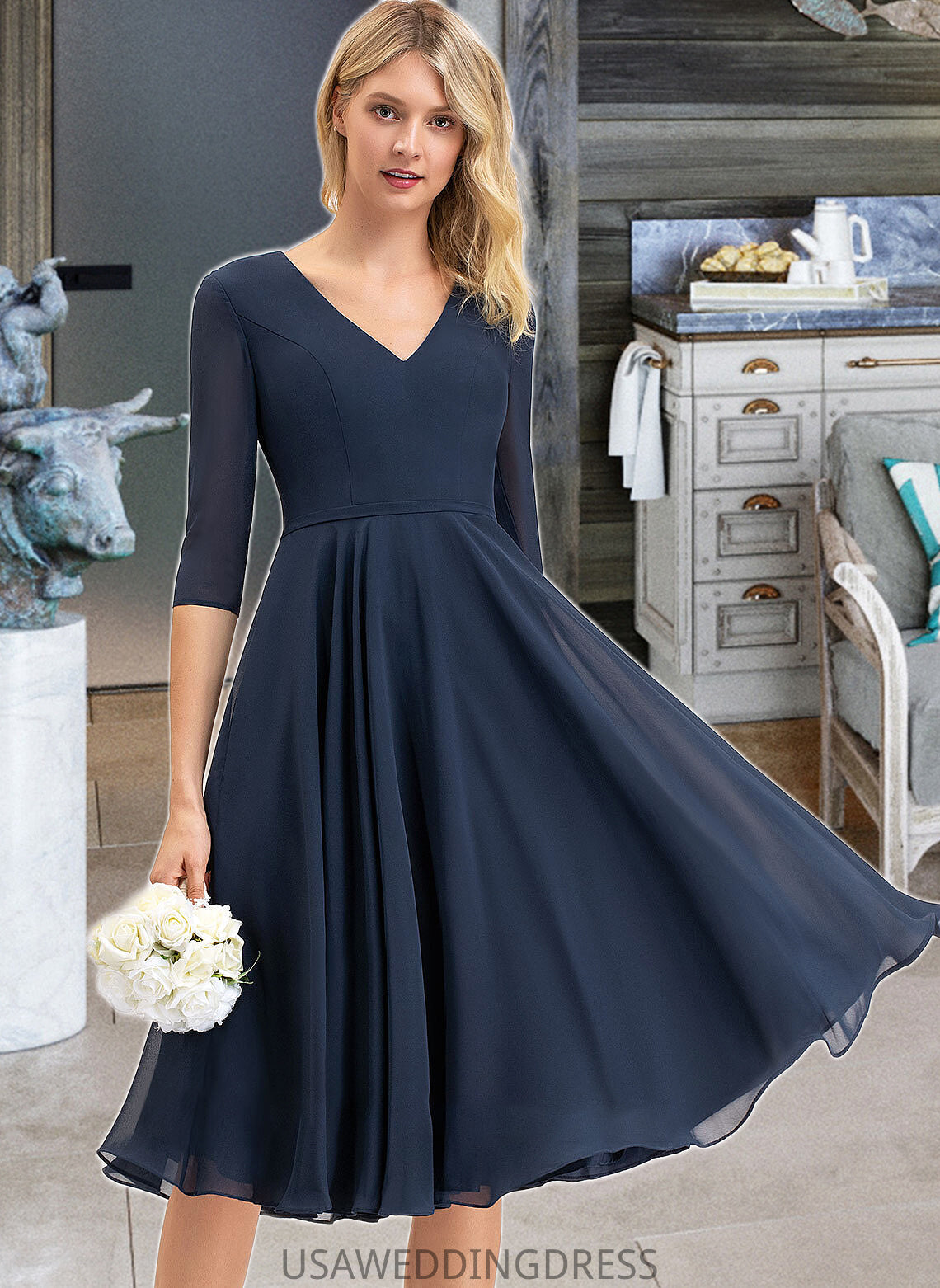 Vicky A-Line V-neck Knee-Length Chiffon Bridesmaid Dress With Pockets DSP0012994