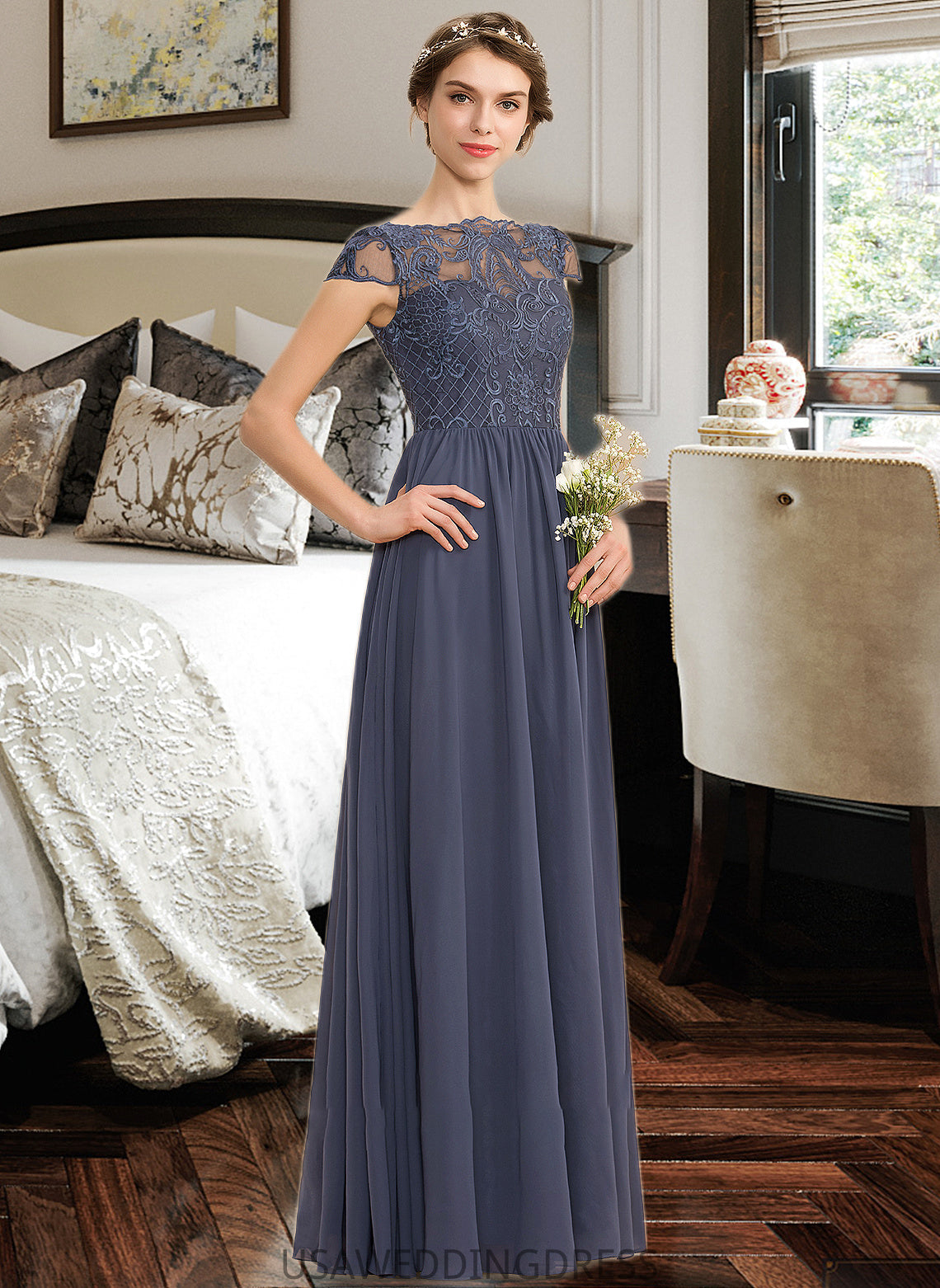 Dana A-Line Scoop Neck Floor-Length Chiffon Lace Bridesmaid Dress DSP0012995