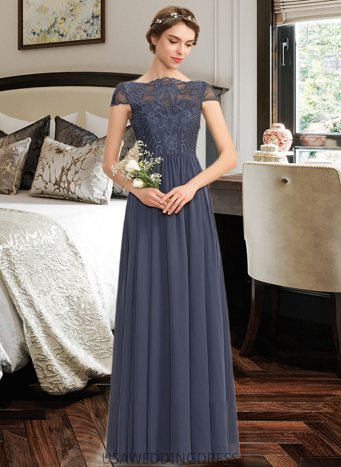 Dana A-Line Scoop Neck Floor-Length Chiffon Lace Bridesmaid Dress DSP0012995