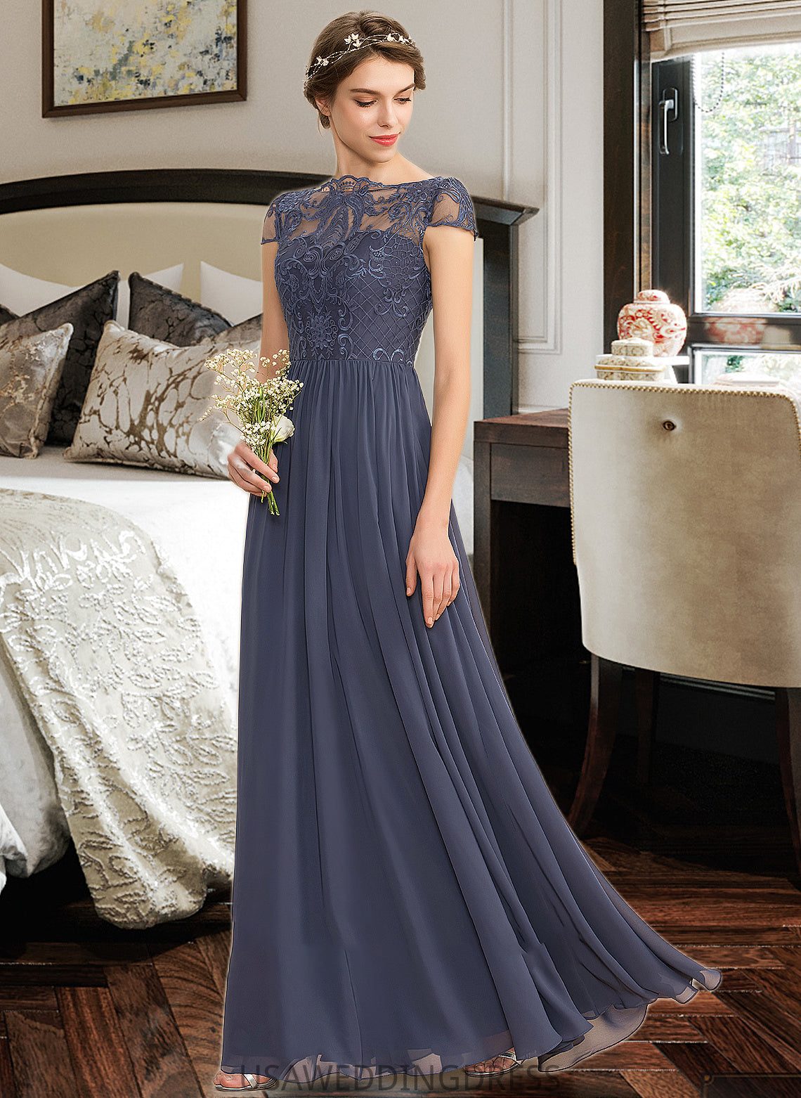 Dana A-Line Scoop Neck Floor-Length Chiffon Lace Bridesmaid Dress DSP0012995