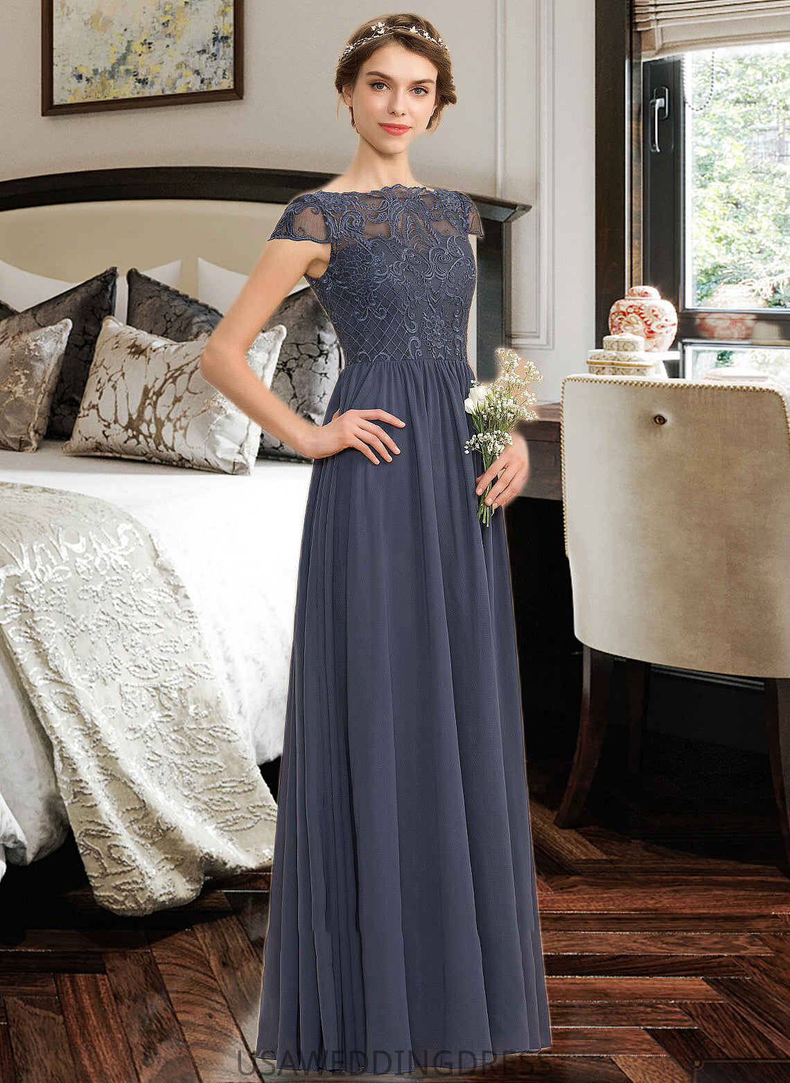 Dana A-Line Scoop Neck Floor-Length Chiffon Lace Bridesmaid Dress DSP0012995