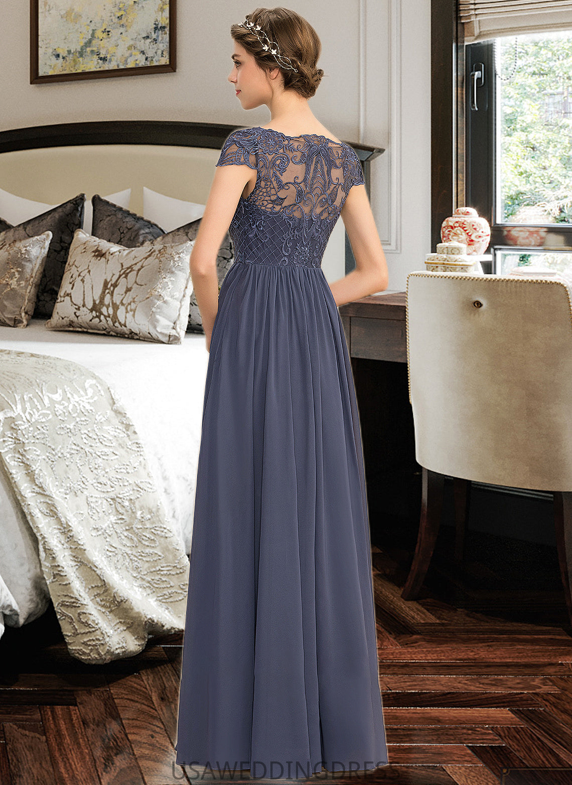 Dana A-Line Scoop Neck Floor-Length Chiffon Lace Bridesmaid Dress DSP0012995