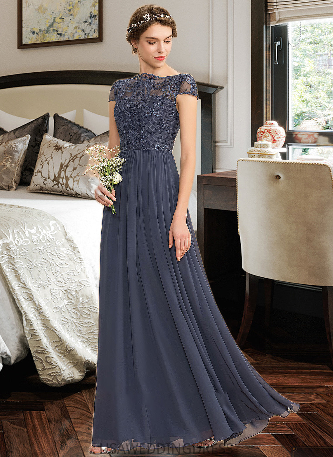 Dana A-Line Scoop Neck Floor-Length Chiffon Lace Bridesmaid Dress DSP0012995