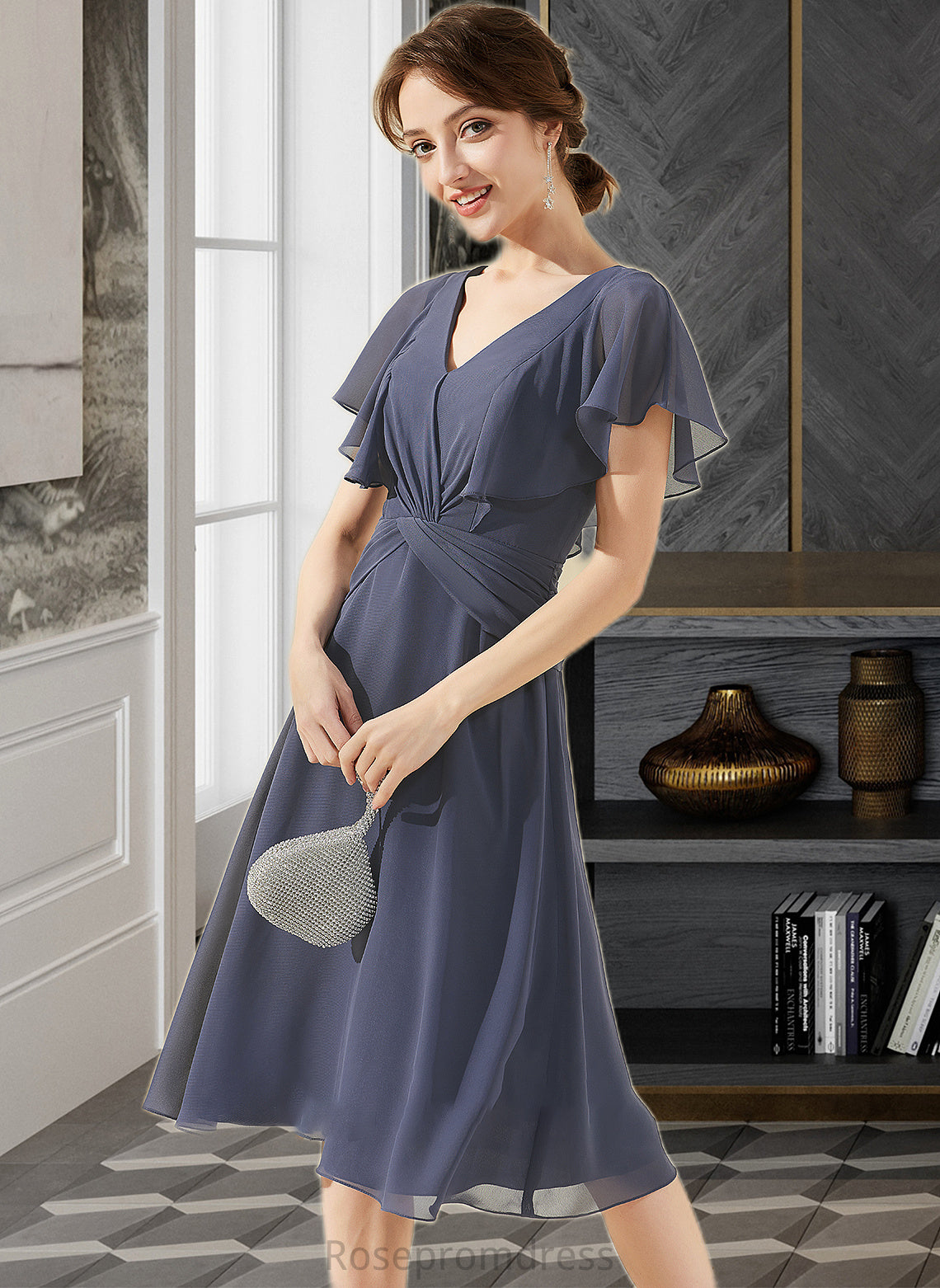 Vanessa A-Line V-neck Knee-Length Chiffon Bridesmaid Dress With Ruffle SRSP0012996