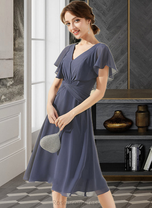 Vanessa A-Line V-neck Knee-Length Chiffon Bridesmaid Dress With Ruffle SRSP0012996