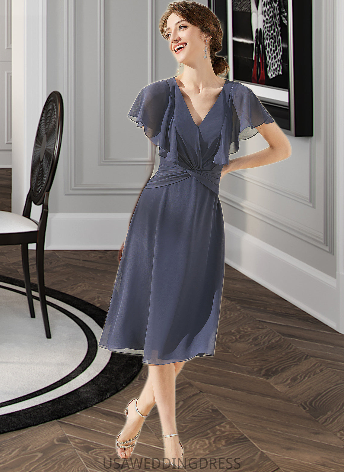 Nathaly A-Line V-neck Knee-Length Chiffon Bridesmaid Dress With Ruffle DSP0012996