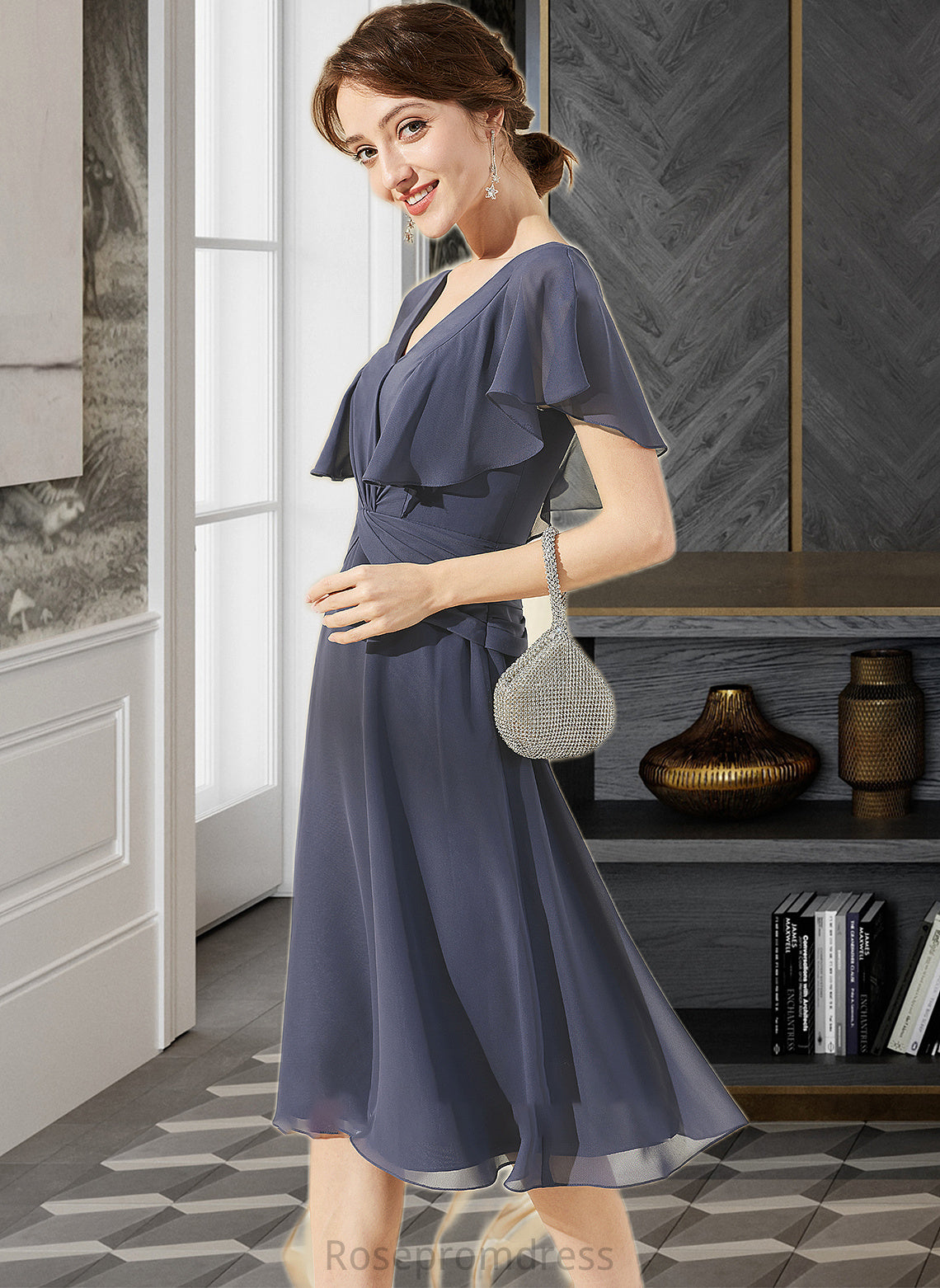 Vanessa A-Line V-neck Knee-Length Chiffon Bridesmaid Dress With Ruffle SRSP0012996