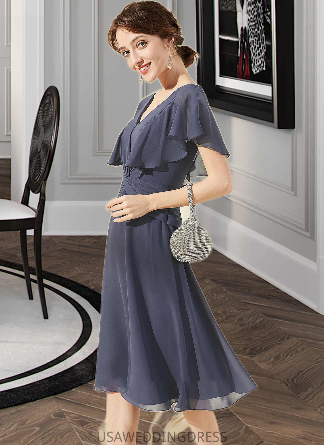 Nathaly A-Line V-neck Knee-Length Chiffon Bridesmaid Dress With Ruffle DSP0012996