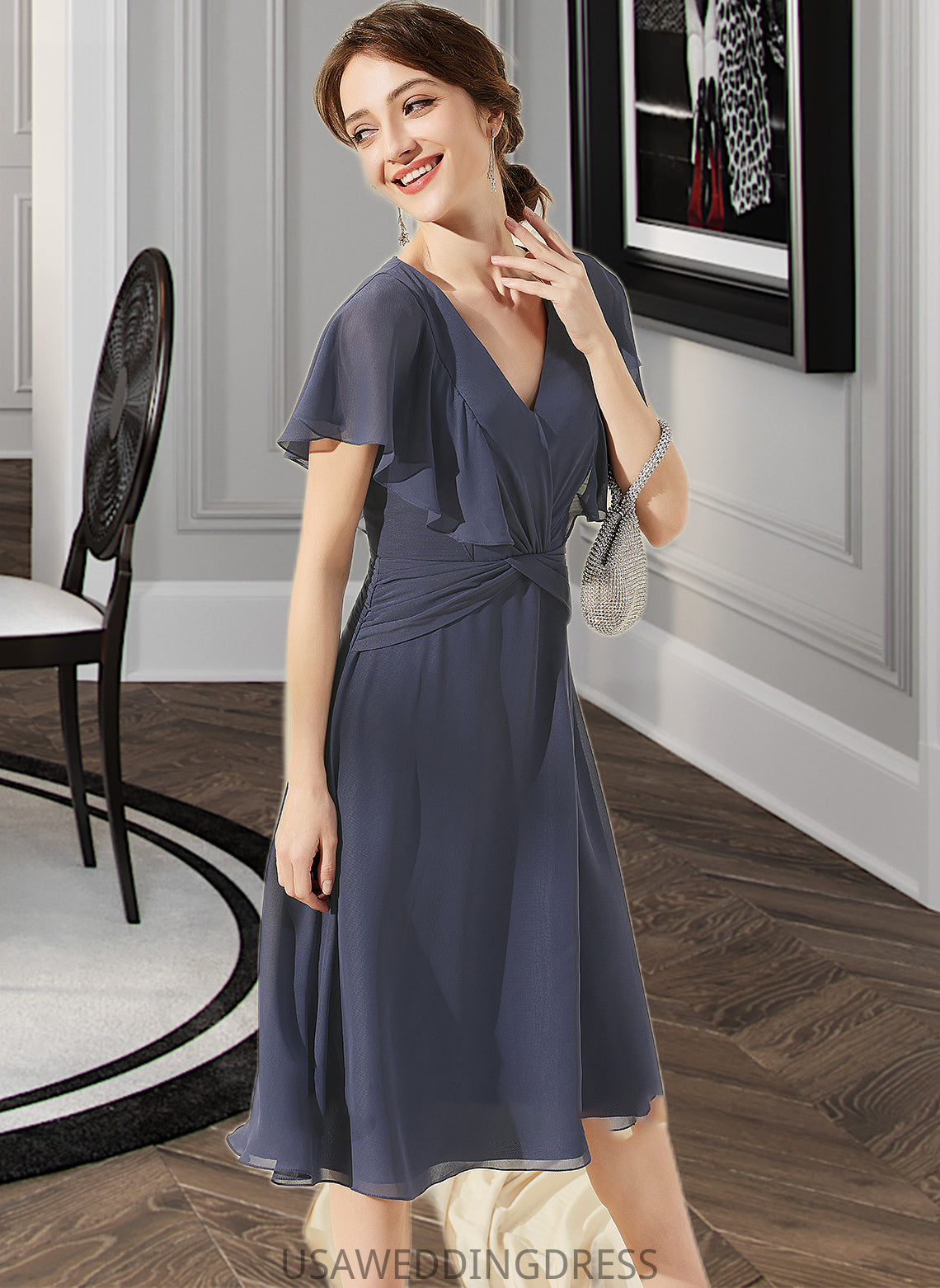 Nathaly A-Line V-neck Knee-Length Chiffon Bridesmaid Dress With Ruffle DSP0012996