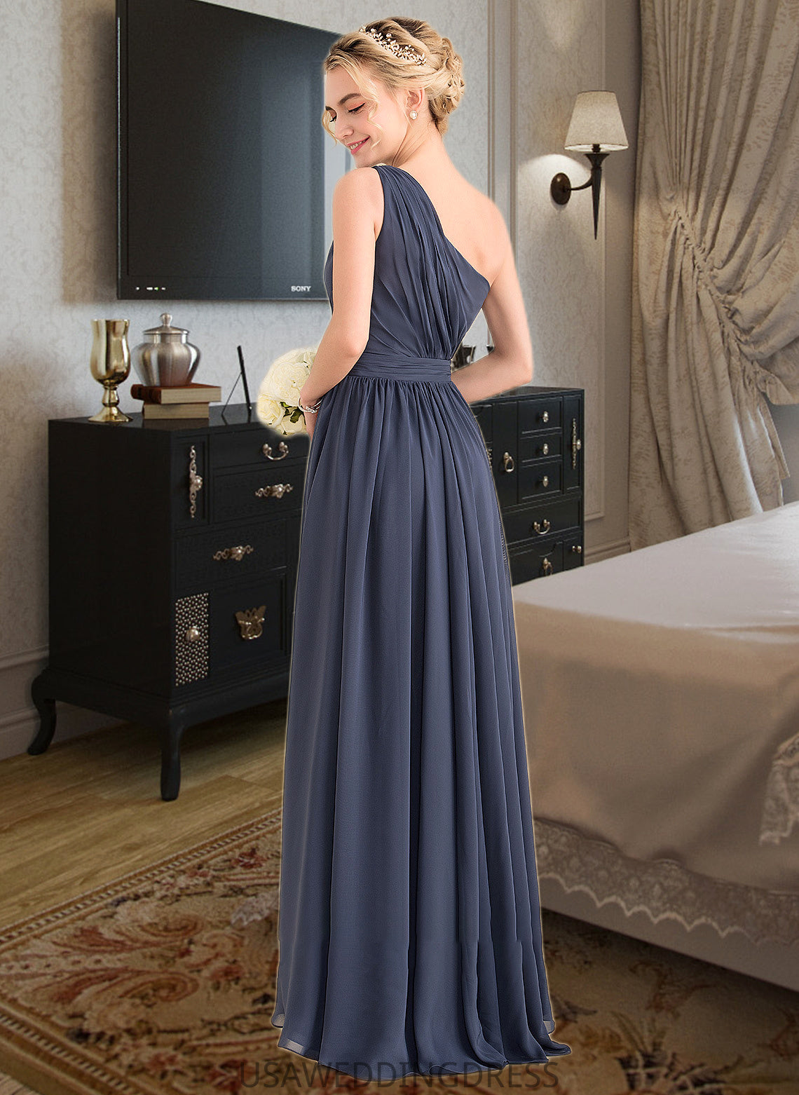 Caitlyn A-line One Shoulder Asymmetrical Chiffon Bridesmaid Dress With Cascading Ruffles DSP0012998