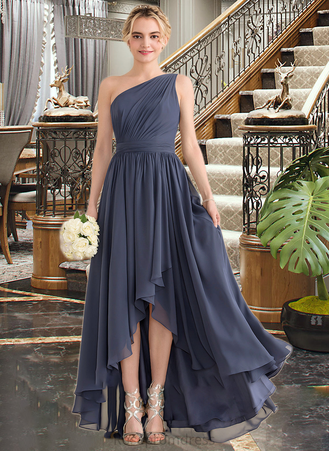 Amiyah A-line One Shoulder Asymmetrical Chiffon Bridesmaid Dress With Cascading Ruffles SRSP0012998