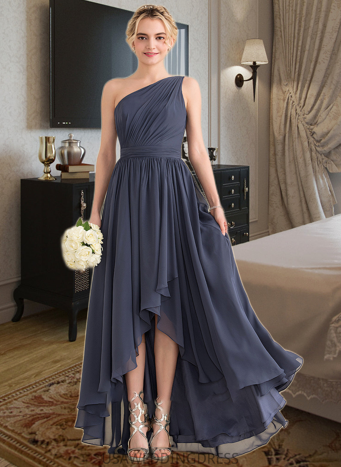 Caitlyn A-line One Shoulder Asymmetrical Chiffon Bridesmaid Dress With Cascading Ruffles DSP0012998