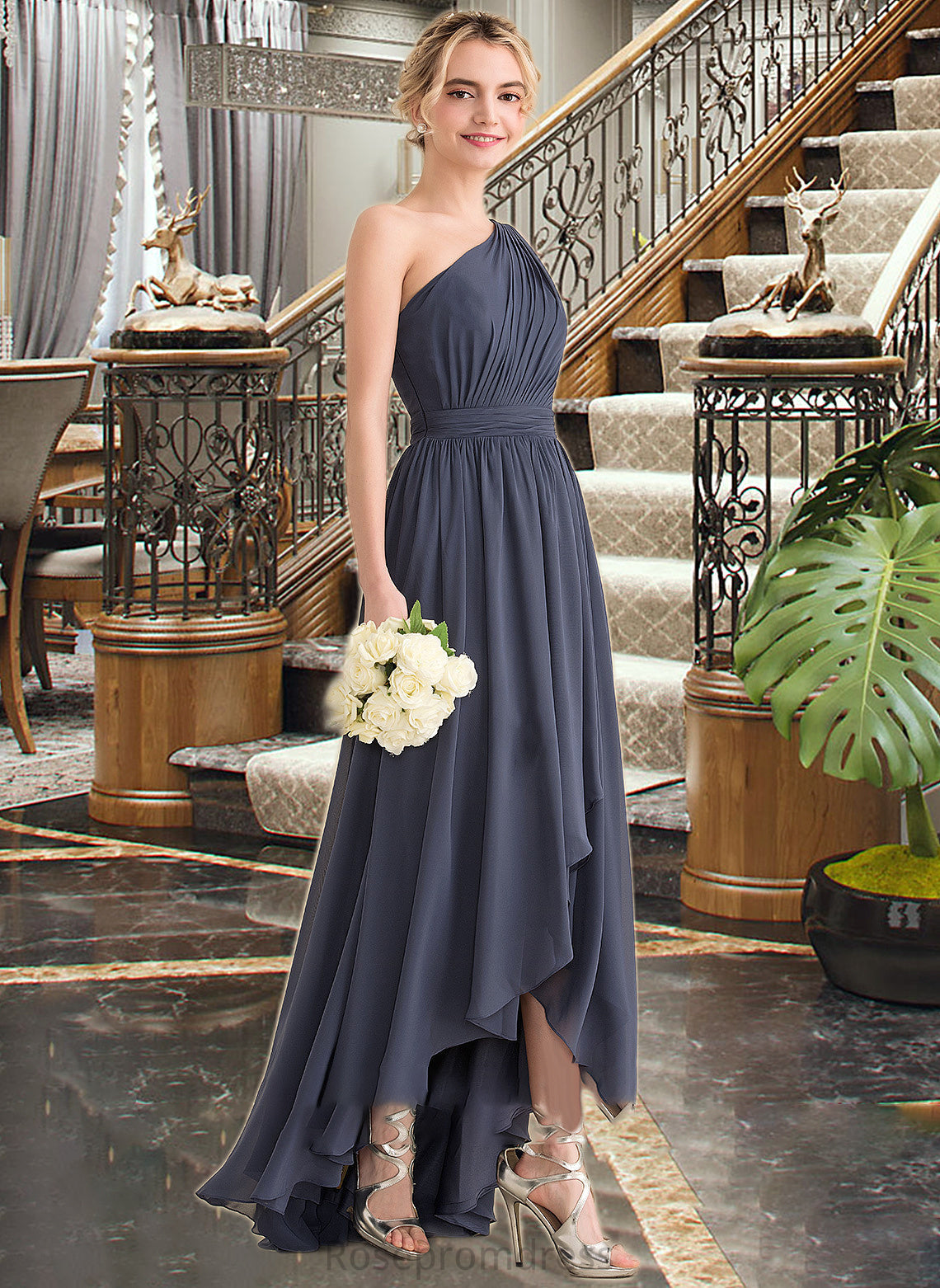 Amiyah A-line One Shoulder Asymmetrical Chiffon Bridesmaid Dress With Cascading Ruffles SRSP0012998
