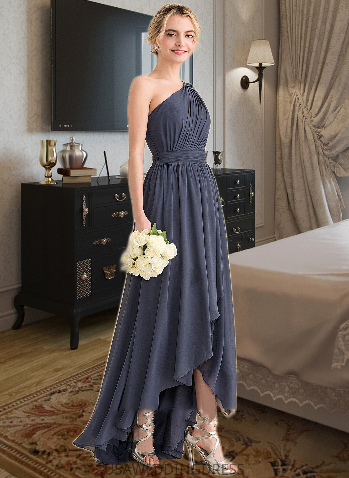 Caitlyn A-line One Shoulder Asymmetrical Chiffon Bridesmaid Dress With Cascading Ruffles DSP0012998