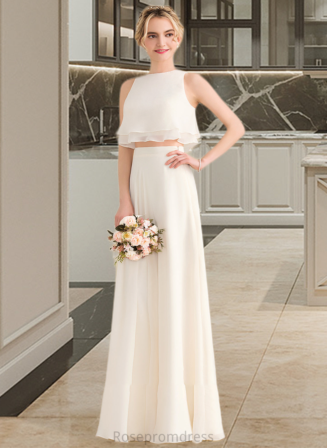 Arianna A-Line Scoop Neck Floor-Length Chiffon Bridesmaid Dress With Cascading Ruffles SRSP0012999