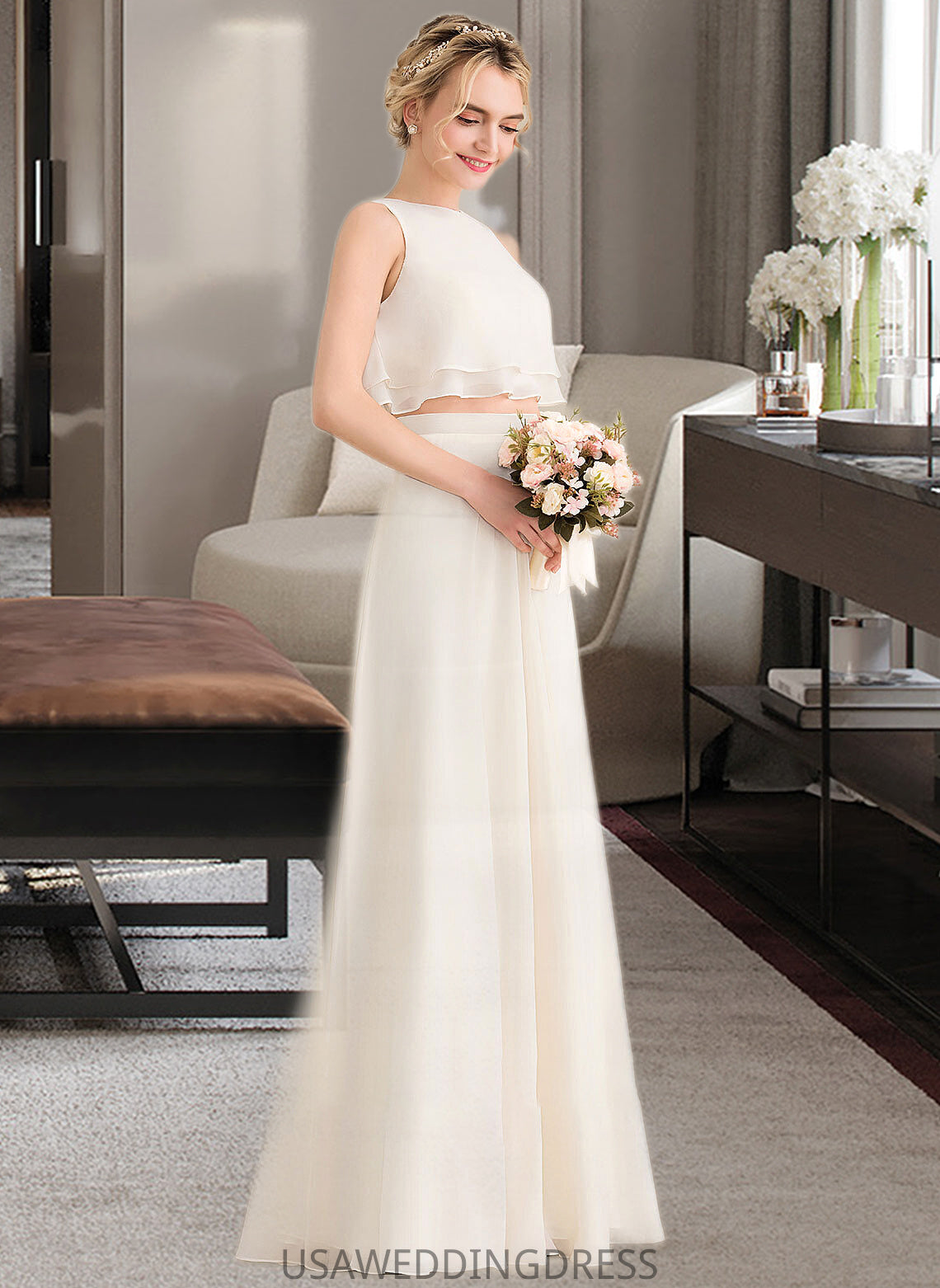 Naima A-Line Scoop Neck Floor-Length Chiffon Bridesmaid Dress With Cascading Ruffles DSP0012999