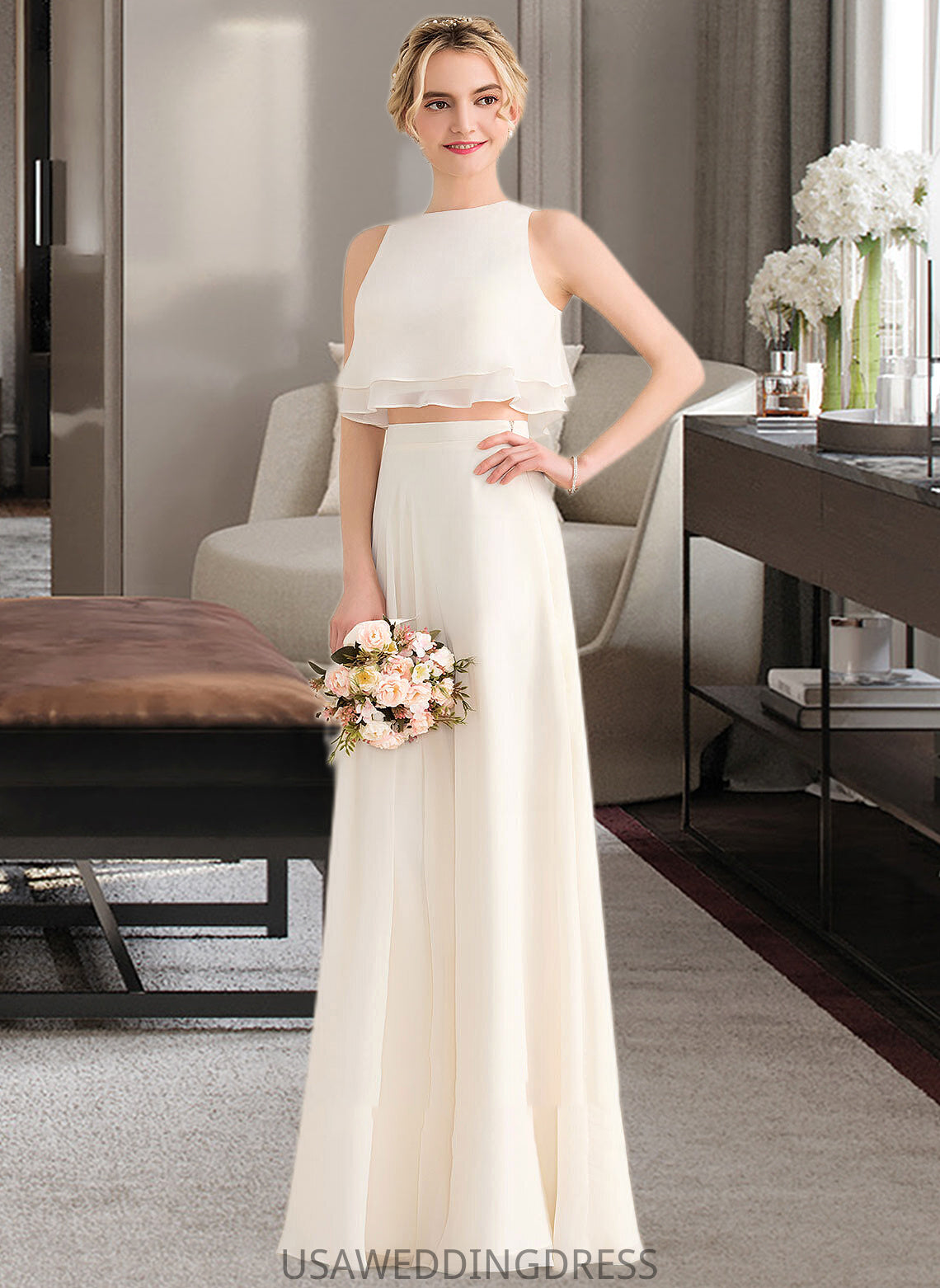 Naima A-Line Scoop Neck Floor-Length Chiffon Bridesmaid Dress With Cascading Ruffles DSP0012999