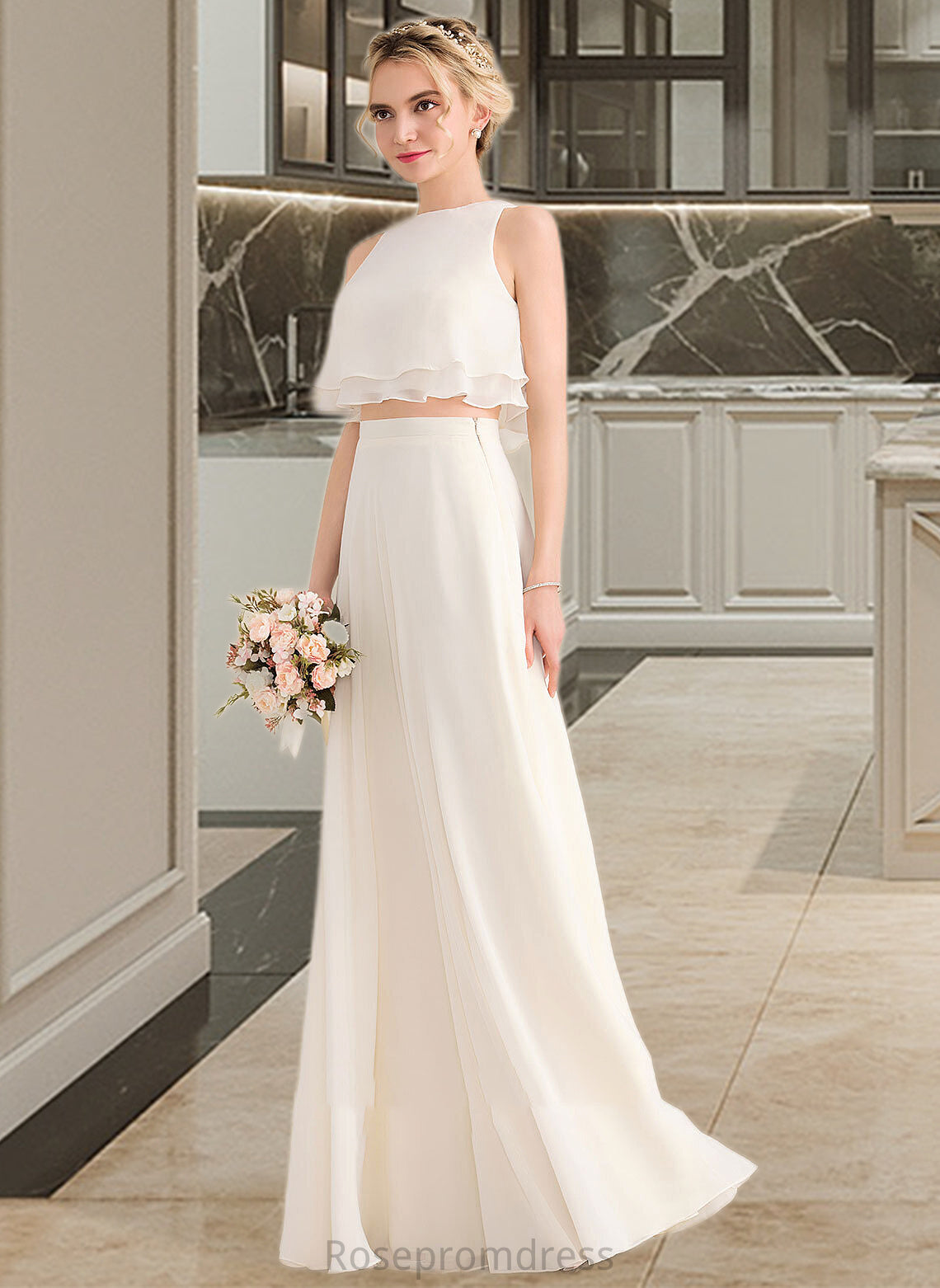 Arianna A-Line Scoop Neck Floor-Length Chiffon Bridesmaid Dress With Cascading Ruffles SRSP0012999