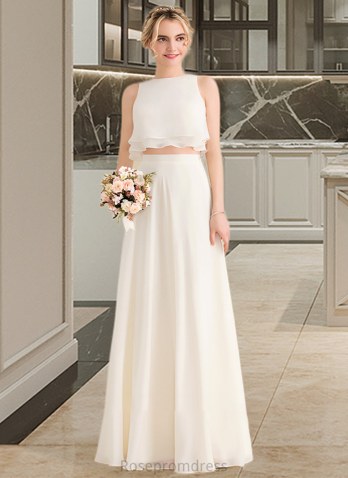 Arianna A-Line Scoop Neck Floor-Length Chiffon Bridesmaid Dress With Cascading Ruffles SRSP0012999