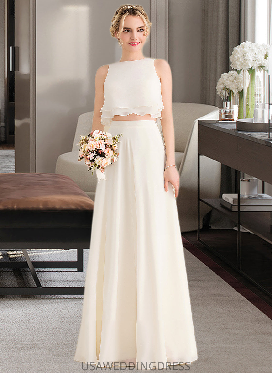 Naima A-Line Scoop Neck Floor-Length Chiffon Bridesmaid Dress With Cascading Ruffles DSP0012999