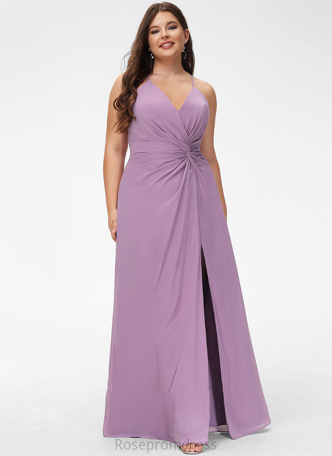 Fabric Neckline Silhouette Embellishment Floor-Length A-Line Ruffle Length V-neck SplitFront Mira Bridesmaid Dresses