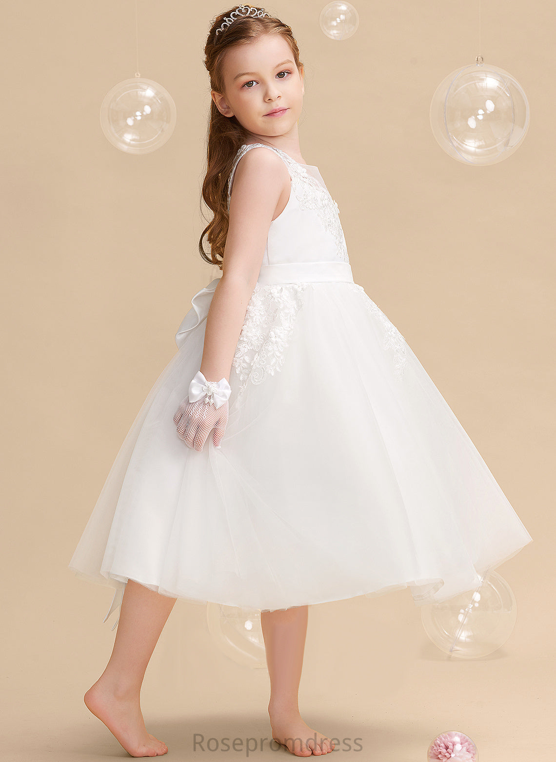 A-Line With Tea-length Sleeveless Beading/Flower(s) Meghan Tulle/Lace Dress - Flower Girl Scoop Flower Girl Dresses Neck