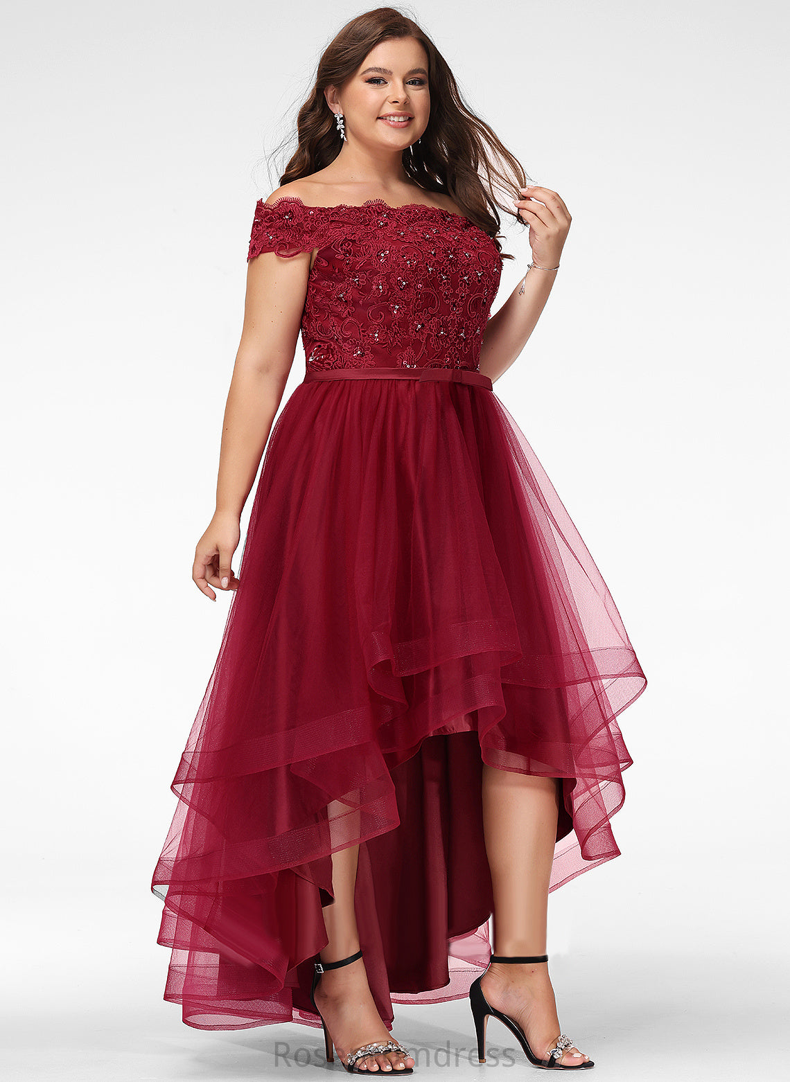 Straps&Sleeves Bow Beading Tulle Length Sequins A-line Embellishment Lace Asymmetrical Silhouette Fabric Bridesmaid Dresses