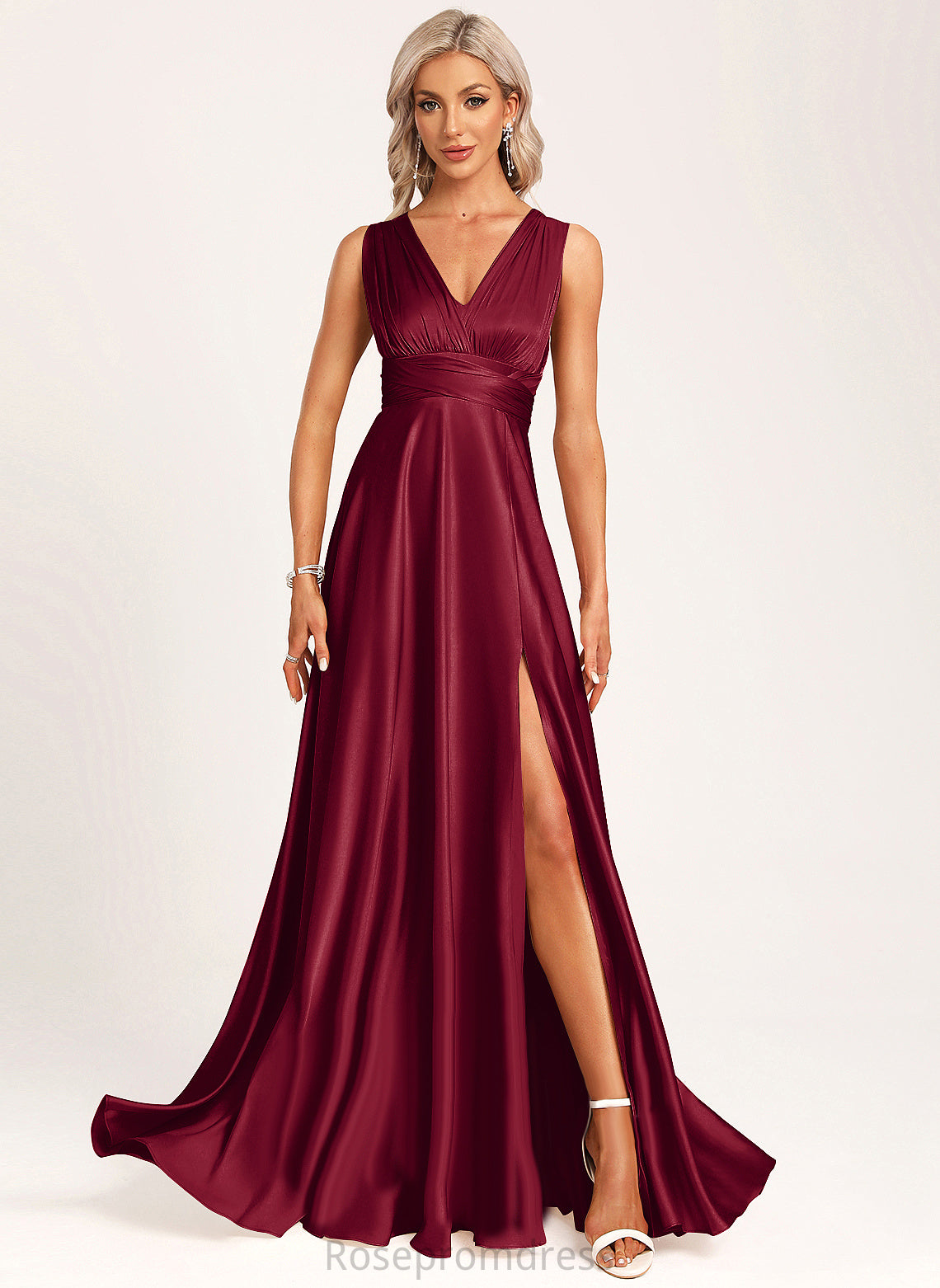 Halter Neckline Satin Fabric Length Floor-Length Silhouette A-Line One-Shoulder Straps&Sleeves V-neck Paisley Bridesmaid Dresses