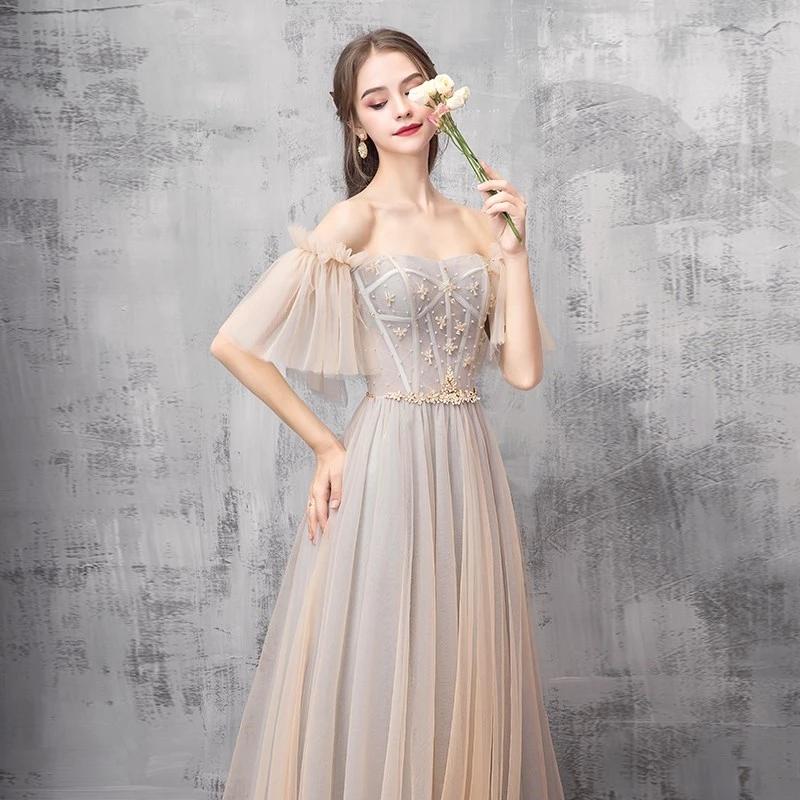 Elegant Off Shoulder Floor Length Tulle Prom Dress, Lace up Bridesmaid Dresses SRS15185