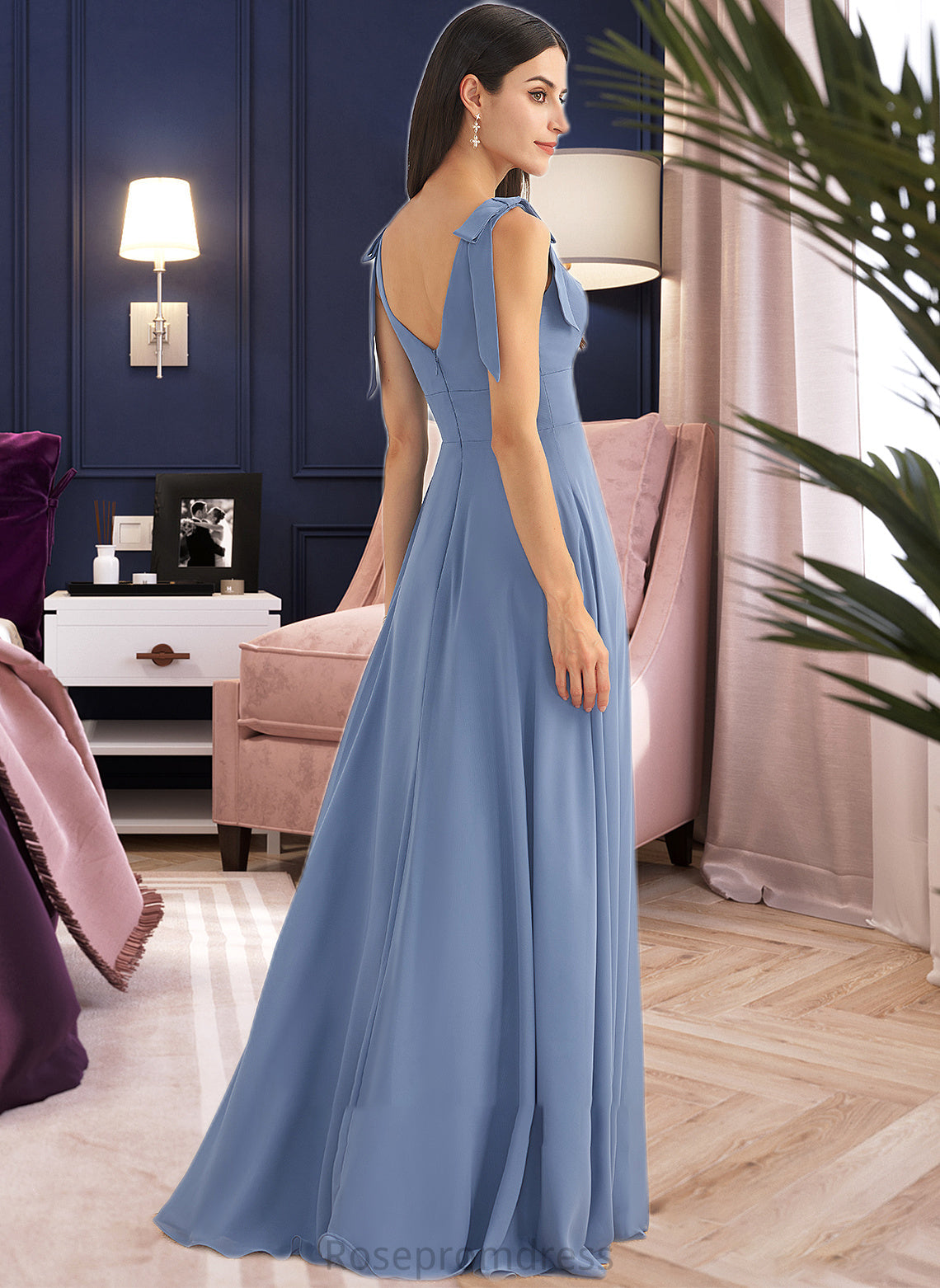 Mareli A-Line V-neck Floor-Length Bridesmaid Dress With Bow(s) Split Front SRSP0013001