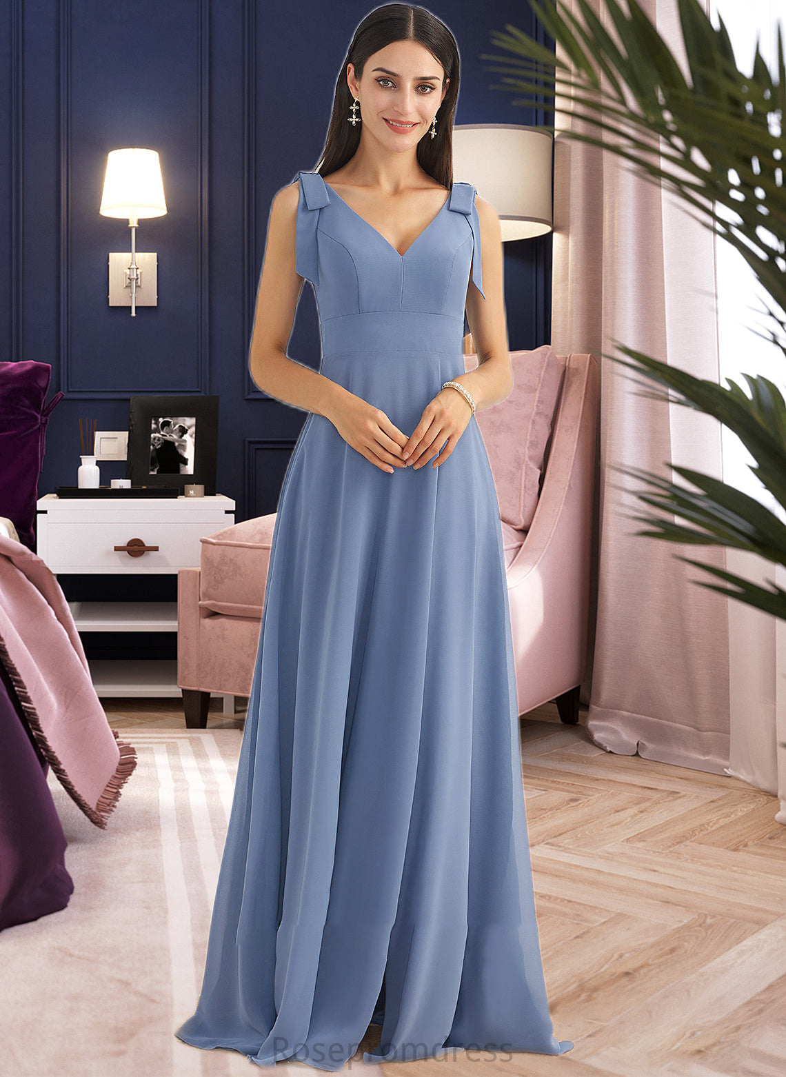 Mareli A-Line V-neck Floor-Length Bridesmaid Dress With Bow(s) Split Front SRSP0013001