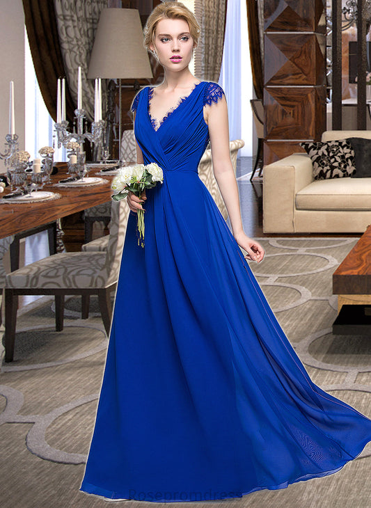 Marlie A-Line V-neck Floor-Length Chiffon Bridesmaid Dress With Ruffle SRSP0013004