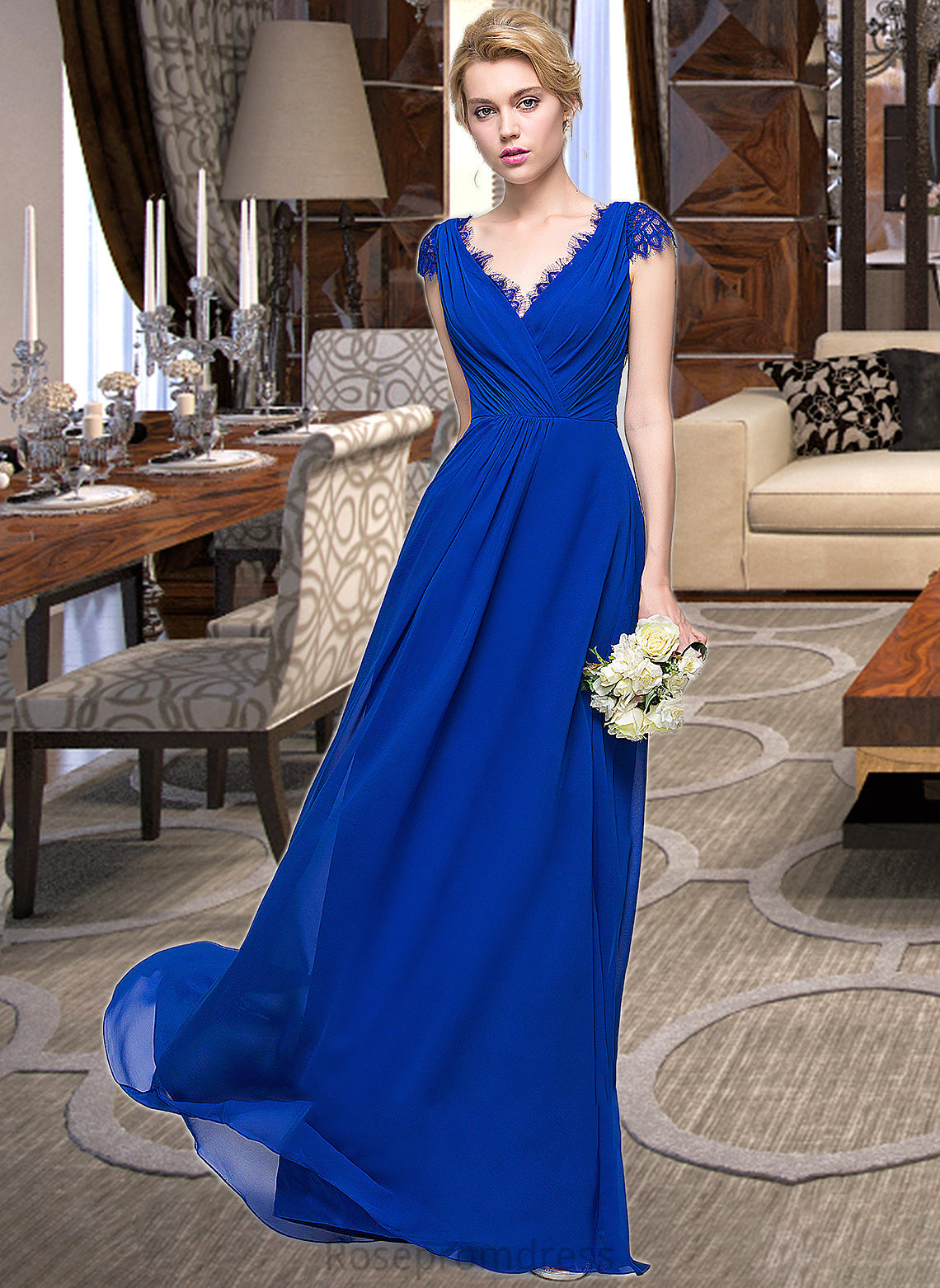 Marlie A-Line V-neck Floor-Length Chiffon Bridesmaid Dress With Ruffle SRSP0013004