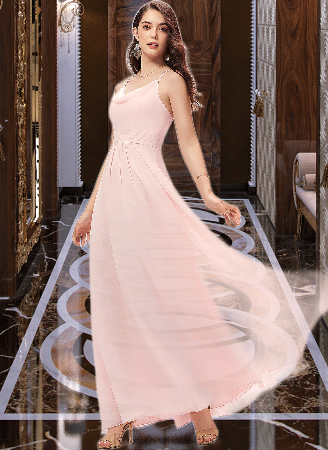 Elisabeth A-Line Cowl Neck Floor-Length Chiffon Bridesmaid Dress SRSP0013005